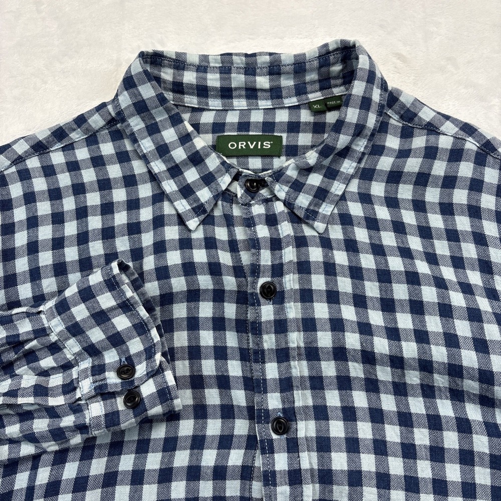 ORVIS Shirt Men's XL Linen Blend Long Sleeve Active Fit Blue Plaid